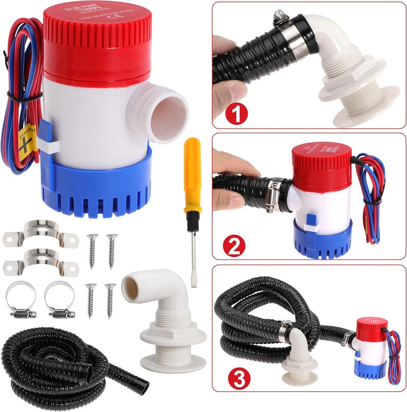 Ciweisah Boat Bilge Plumbing Kit 1-1/8 Inch Dia 12V Non-automatic Bilge Pump kit 1100 GPH with 6FT PVC Bilge Pump Hose (90 Degree Elbow) - Image 3
